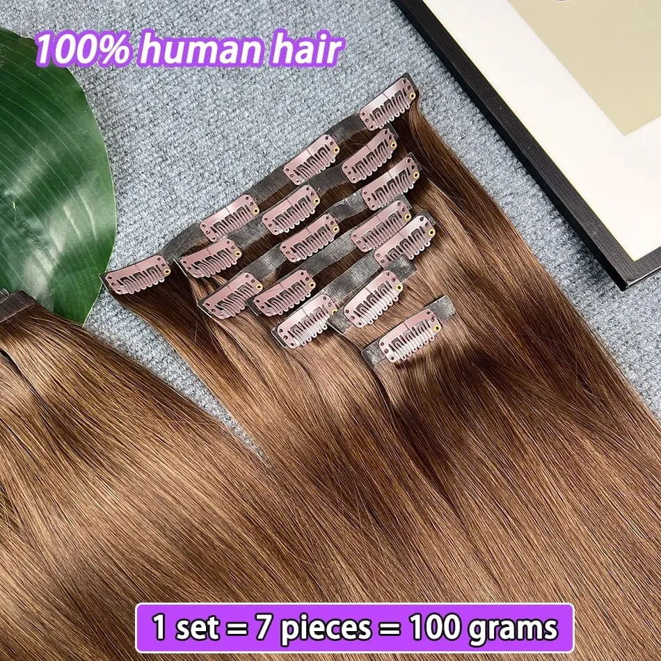 #2 اللون مستقيم بولي Clip Ins وصلات شعر 100% شعر بشري 100 جرام/مجموعة 7 قطعة سلس غير مرئي PU لحمة فيتنام الشعر للنساء