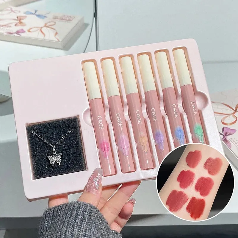 6 Colors Matte Liquid Lipstick Makeup Sets Matte Long Lasting Lipgloss Tint Waterproof Lip Mud With Necklace Gift Cosmetics