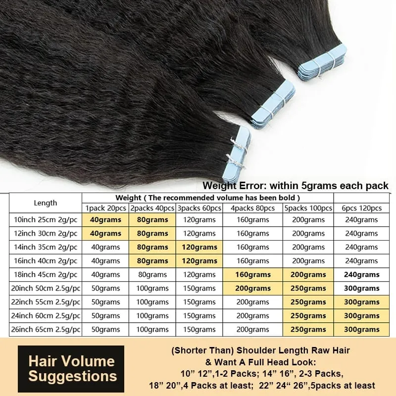 MRS HAIR Kinky Straight Tape in Extensions Tape Extensions Human Hair Cuticle Remy Yaki Tape in Hair Extensions 12-26 inch 20pcs