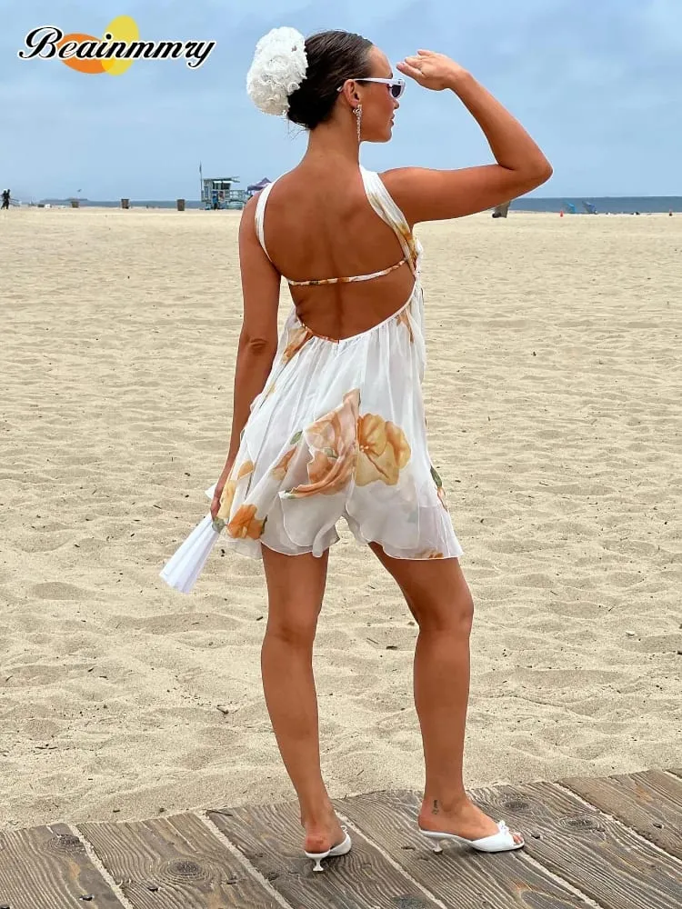 Women Casual Printed Pleated Scarf Collar Mini Dresses Chic Sleeveless Off Shouder Short Vestido Summer Lady Party Beach Robe — image 6