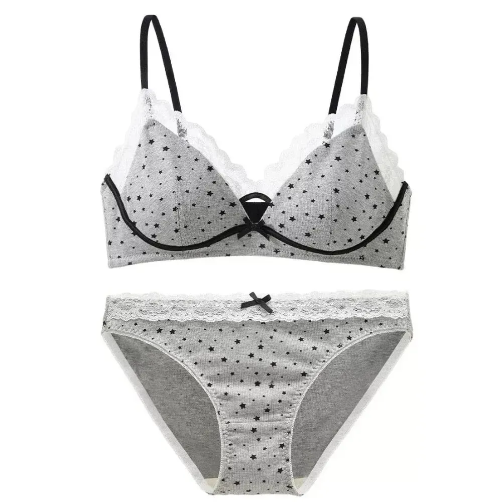 Set Bra Wanita Tanpa Berwayar Sokongan Lembut Tekan Ke Atas Untuk Payudara Kecil Mengelakkan Kendur & Tersebar Sisi Pakaian Dalam Gaya Girly Manis 32‑38