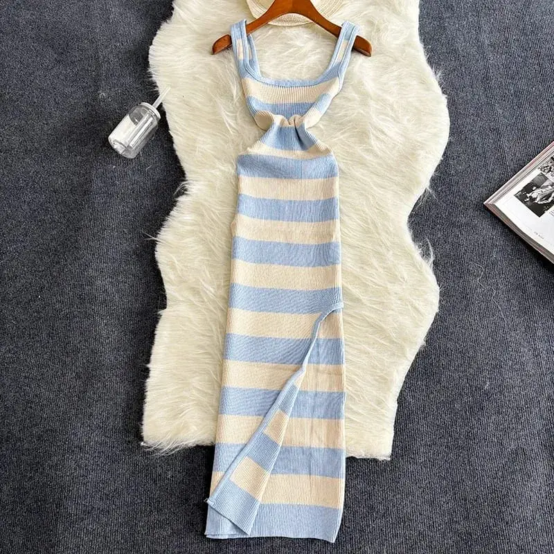 2024 Stripe Summer Elastic Split Bodycon Dress Sexy Beach Vacation Sundress Women Casual Slim Pencil Vestidos Maxi Long Dress — image 2