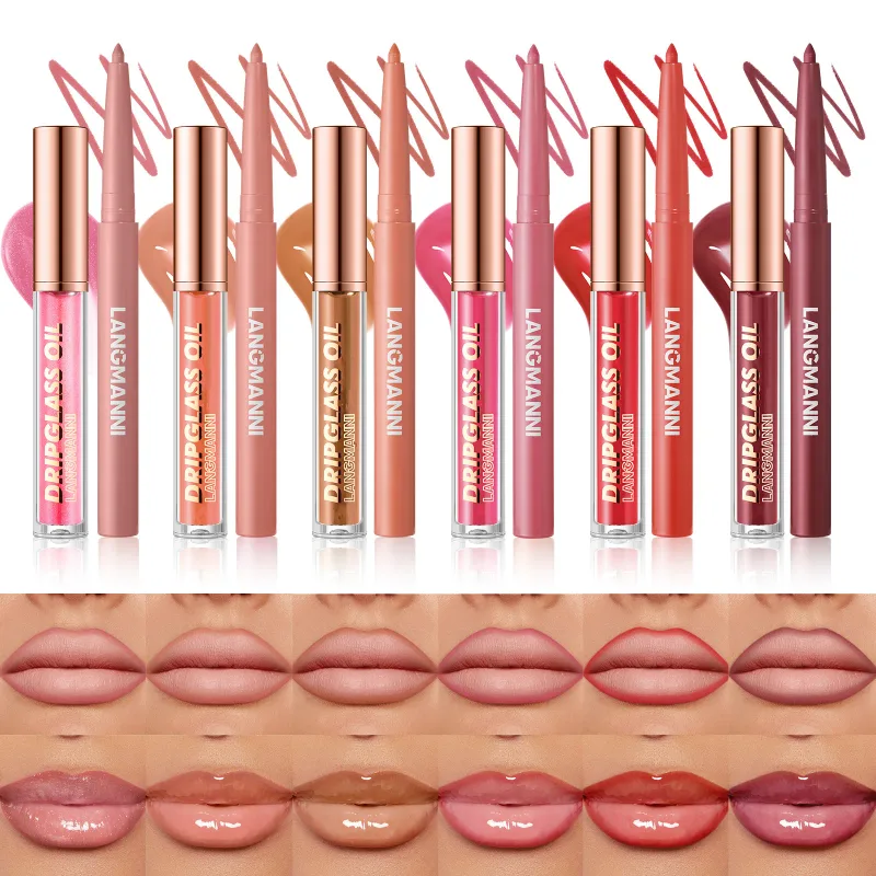 2pcs/box Matte Velvet Lipliner&Mirror Glass Lip Gloss Waterproof Long-Lasting Non-Sticky Purple Brown Liner Lip Combo Makeup Set