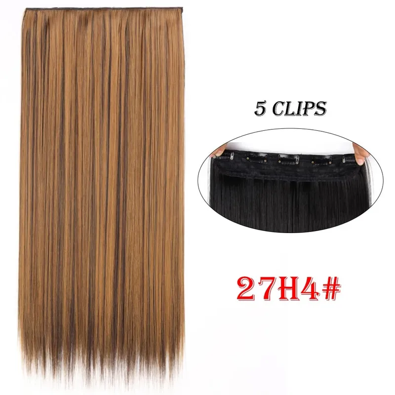One Piece Clip In Hair Extensions 24" Straight Thick Synthetic Clip In Hairpieces Highlights Black Brown Soft For Women Daily