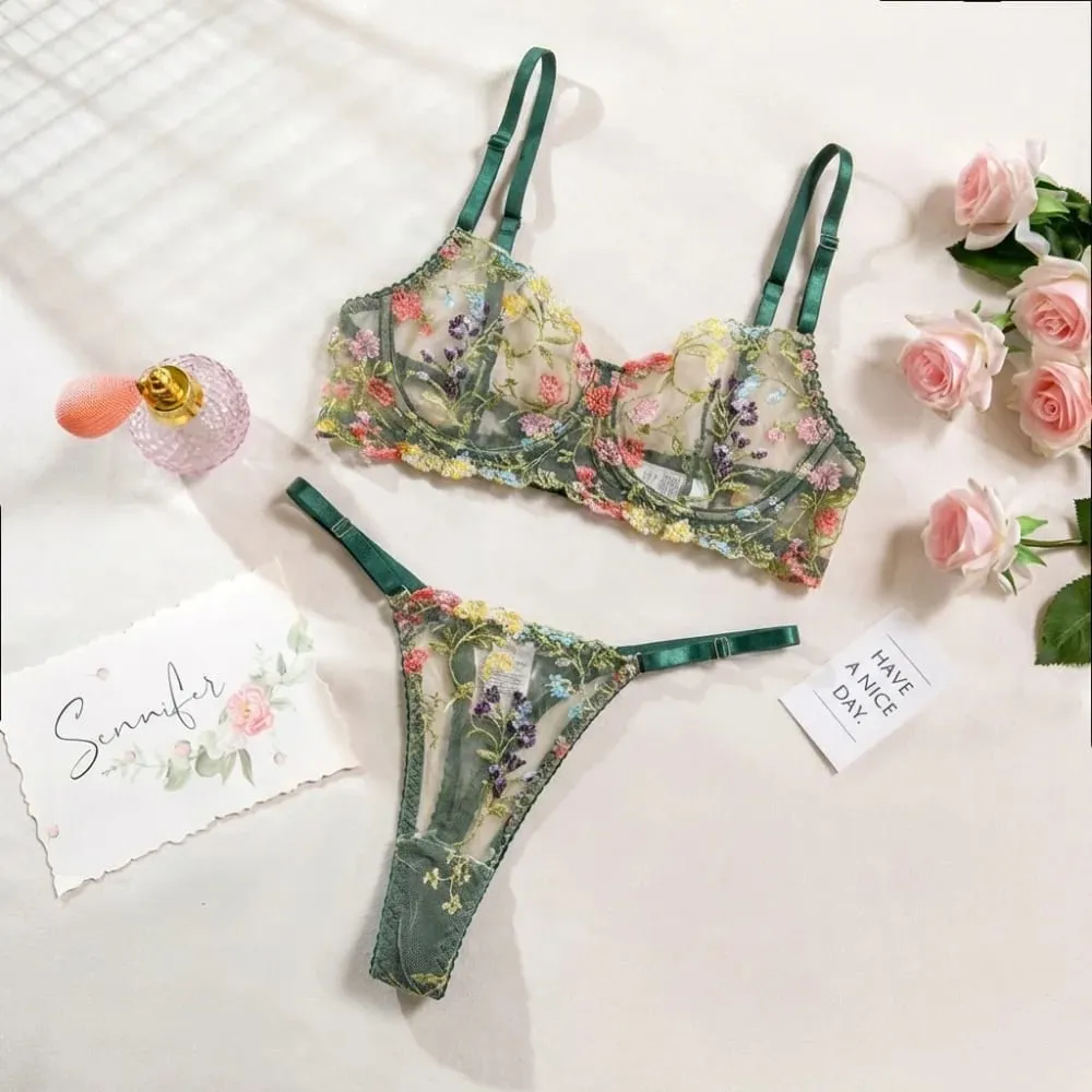 2-Piece Floral Lingerie Set Sheer Versatile Underwear Intimates Embroidery Underwire Push-up Bra Panty Set For Lady Girl — image 9