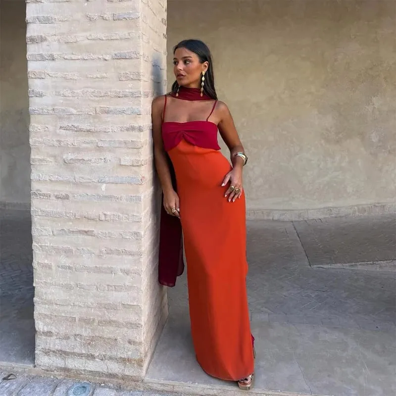 Robe Maxi à bretelles et col écharpe pour femmes, blocage de couleur, bretelles Spaghetti, fente haute, longueur au sol, Robes de soirée pour dames — image 3