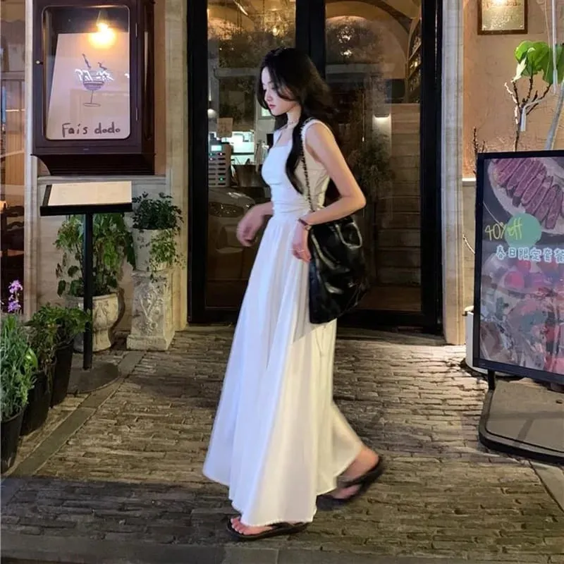 French Style White Suspender Dress Woman Korean Chic Drawstring High Waist Long Dresses Summer Sleeveless Square Collar Dress — image 3