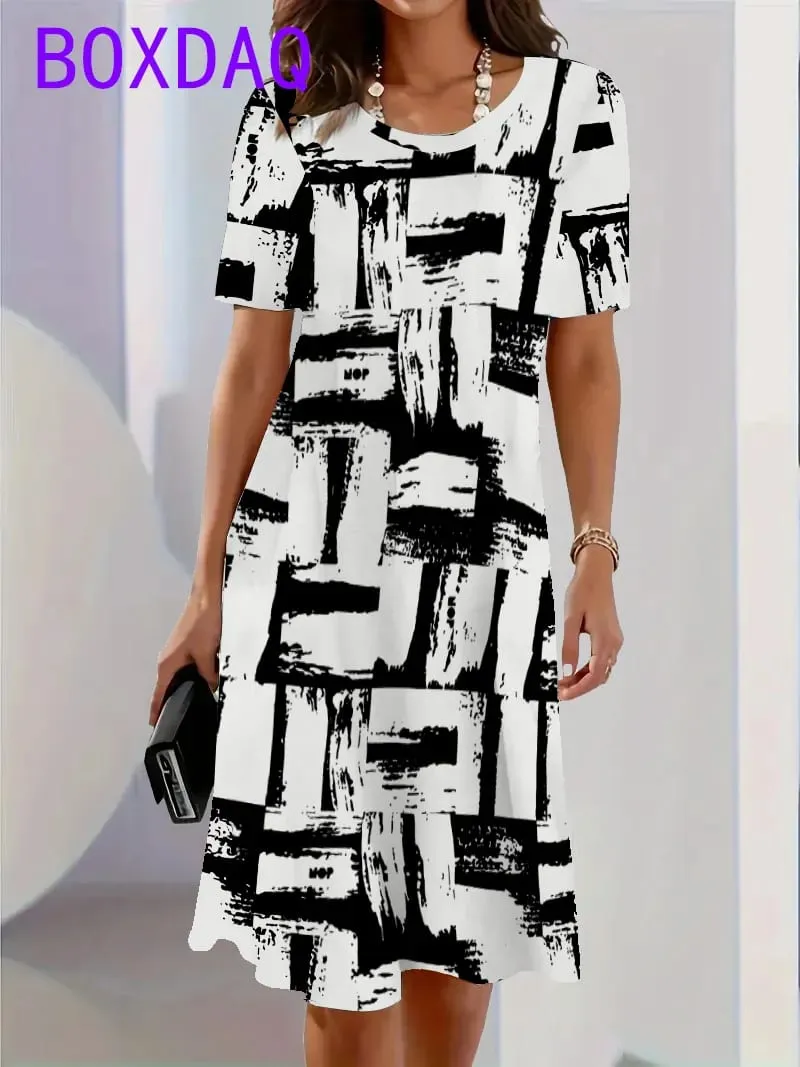 2025 New Women's Dresses Graphic Print Elegant Beautiful Mini Dresses Female Summer Loose Short Sleeve O-Neck Print A-Line Dress