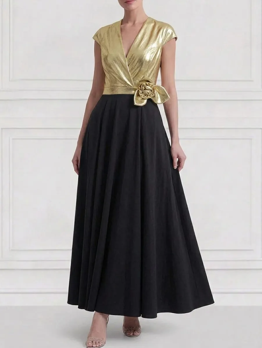 Women's Cap Sleeve V Neck Wrap Maxi Dress Contrast Splicing Floral Applique Detail A Line Pleated Long Dress Elegant Formal Evening Outfit — image 2