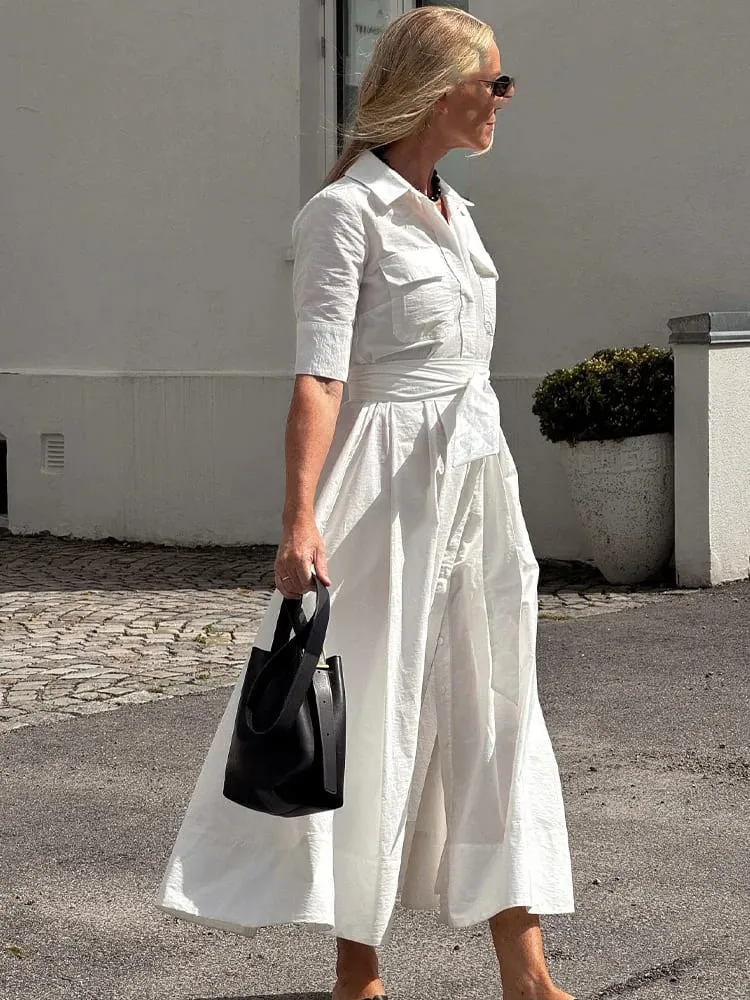 HH Women Summer Lapel Short Sleeve Pocket Single-Breasted Belt Decorate Midi Dress Female Fashion Shirt Style Pleated Dress — image 5