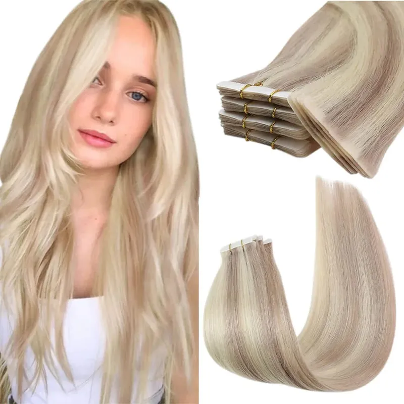 Moresoo Injection Tape Hair Extensions Ash Blonde Highlight Virgin Hair Natural Straight Brazilian Tape in Human Hair Extension
