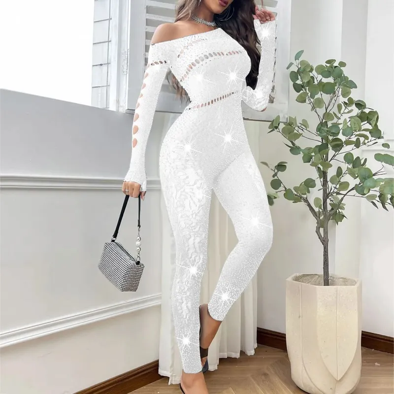Combinaison Sexy en maille strass pour femmes, manches longues, transparente, bas de corps très extensibles, combinaison Club, grande taille, Stock Lingerie — image 2