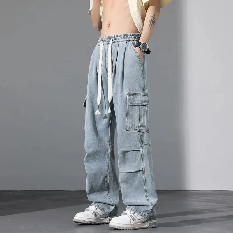 Large Pocket Baggy Jeans Men's 2025 New Spring Classic Straight Denim Trousers Street Y2K Elastic Waist Casual Cargo Pants — image 3
