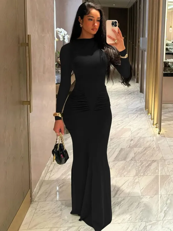 Hugcitar ฤดูใบไม้ร่วงแขนยาว Draped เซ็กซี่ Bodycon Maxi ชุดราตรีผู้หญิงแฟชั่น Y2K ชุดชุดราตรีเทศกาลคลับ — image 10