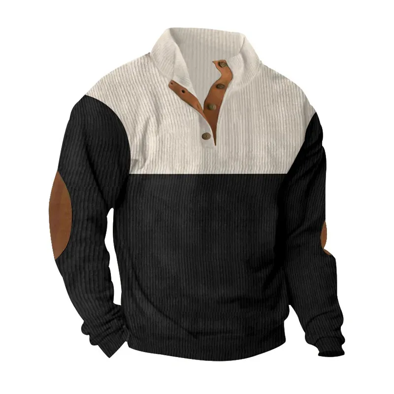 Men's Hoodies Spring And Autumn Corduroy Casual Patchwork Stand Collar Button Sports Hoodie Man Clothing — image 1