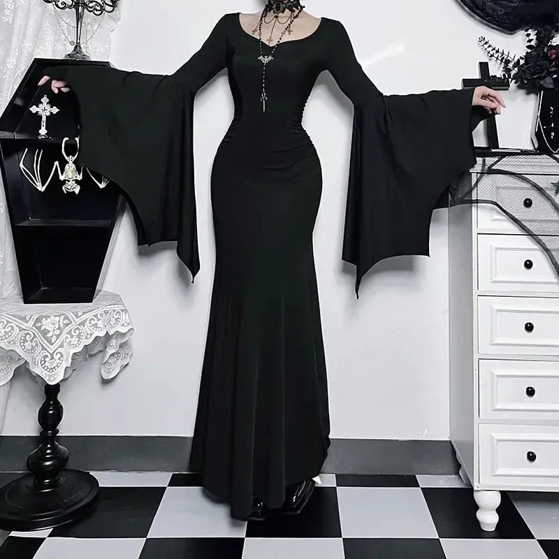 Halloween Costume Women Batwing Sleeve Floor Dress Black Gothic Evil Terror Maxi Mistress Morticia Addam Family Outfit For Adult — image 3