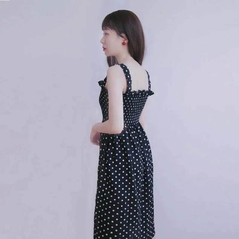 Women Summer Sleeveless Dot Dress Sexy Backless A-Line Spaghetti Strap Beach Style Dresses Camisole Off-Shoulder Folds Vestidos — image 6