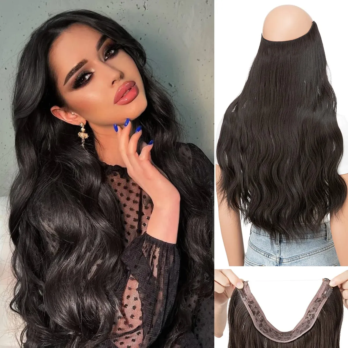 Synthetic Wave Invisible Clip in Hair Extensions Fish Line Ombre One Piece Natural Hairpiece Fake Blonde Hair Piece — image 9