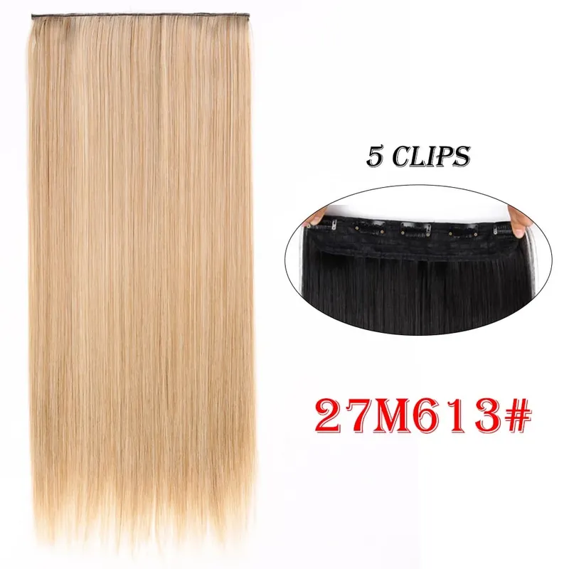 One Piece Clip In Hair Extensions 24" Straight Thick Synthetic Clip In Hairpieces Highlights Black Brown Soft For Women Daily