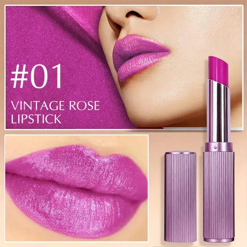 Retro Rose Shimmer Lipstick Metallic Glitter Pink Purple Long Lasting Lip Tint