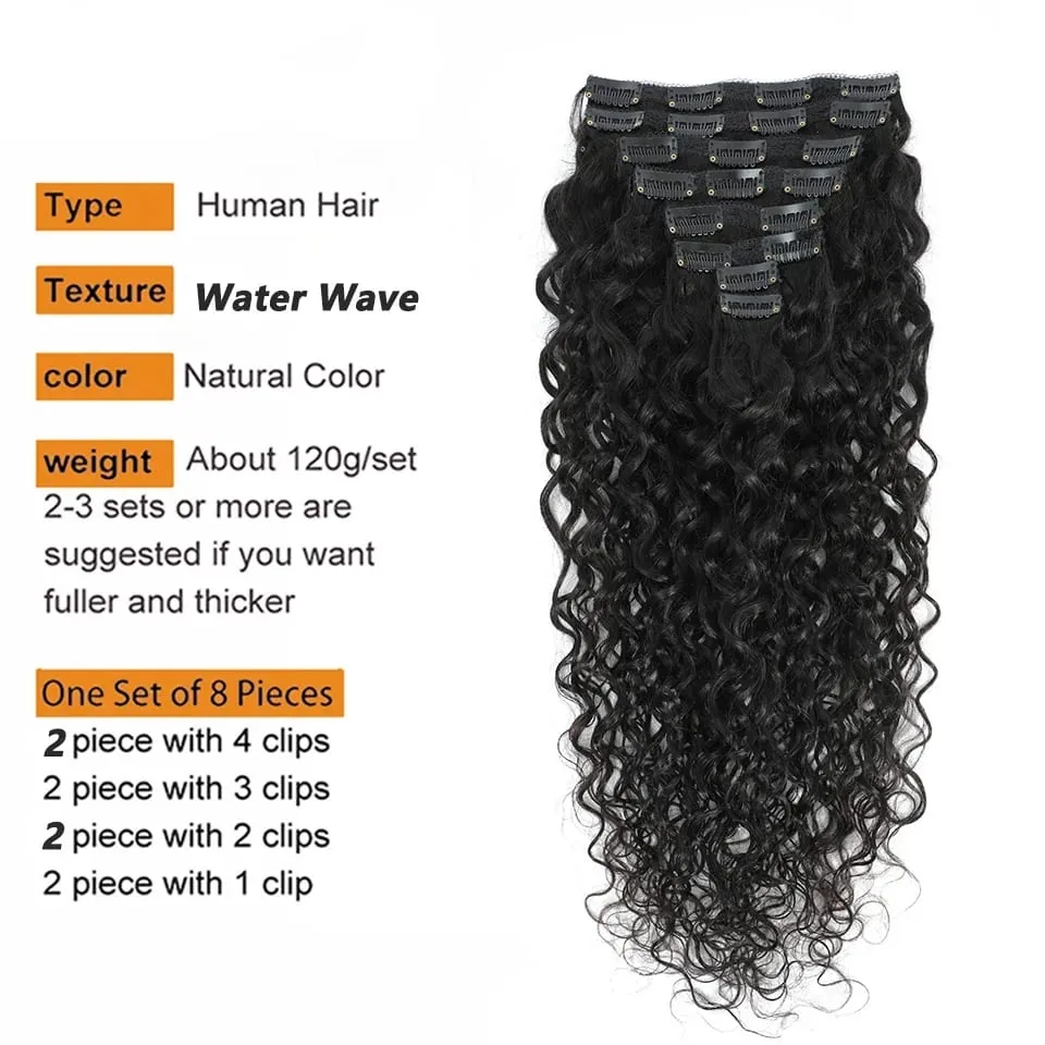 15A Curly Clip In Hair Extensions Human Hair Water Wave Clip 8PC/Set 120g Curly Wavy Clip Hair Wig For Women Remy Virgin Hair