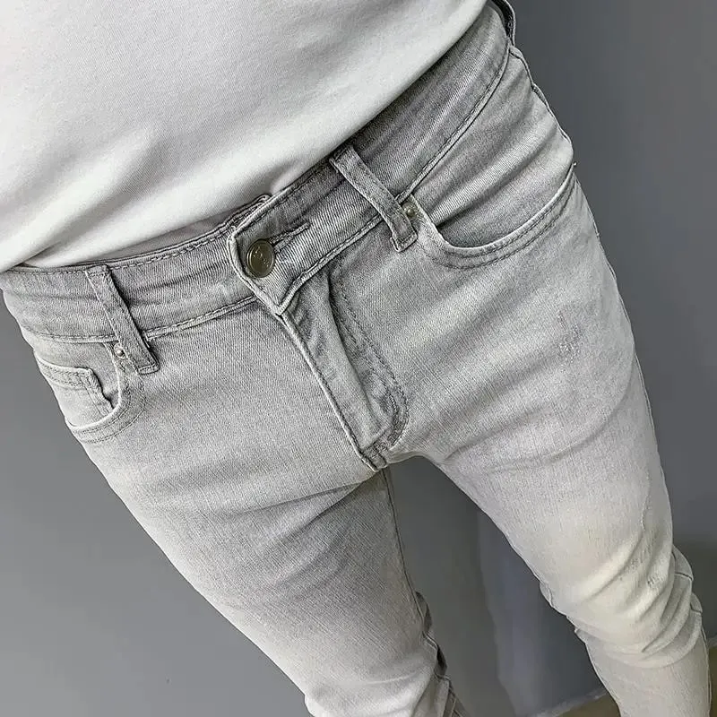 Summer Luxury Clothing Men's Pencil Pants Light Gray Jeans Slim Fit Korean Style Elastic Small Feet Long Pants Trendy Slim Jeans — image 4