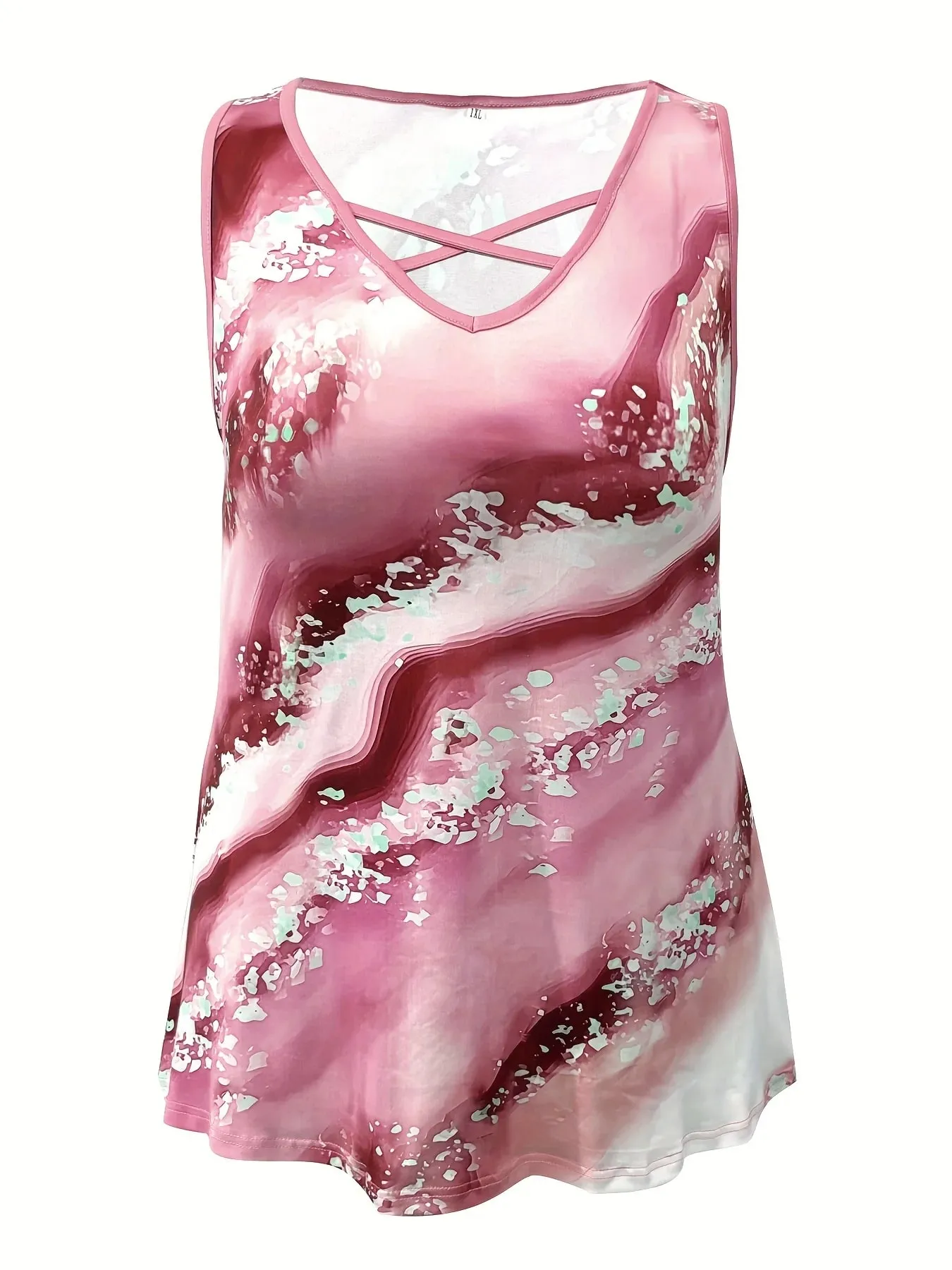 Plus Size Marble Print Tank Top Casual Criss Cross Sleeveless V Neck Top For Summer & Spring Women's Plus Size Clothing — image 3