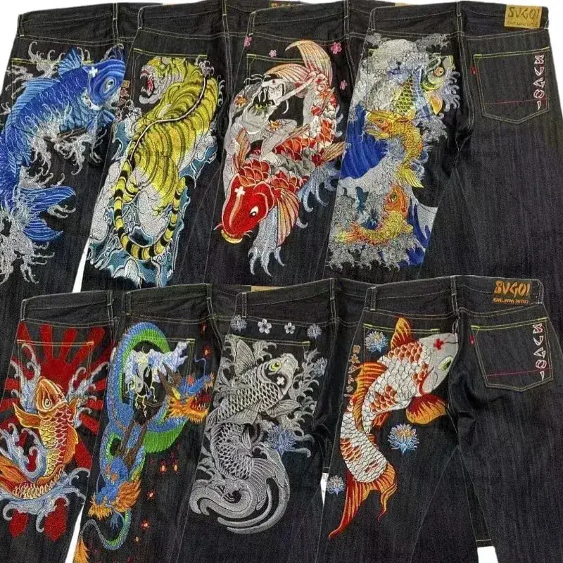 Japanese hip-hop Brocade carp printed jeans same style couple washed high waist retro casual loose ins straight wide leg pants — image 5