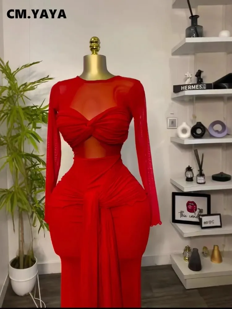 CM.YAYA Women Mesh See Though Long Sleeve Maxi Bowknot Long Dress 2025 Evening Sexy Club Party Evening High Street Dresses — image 2