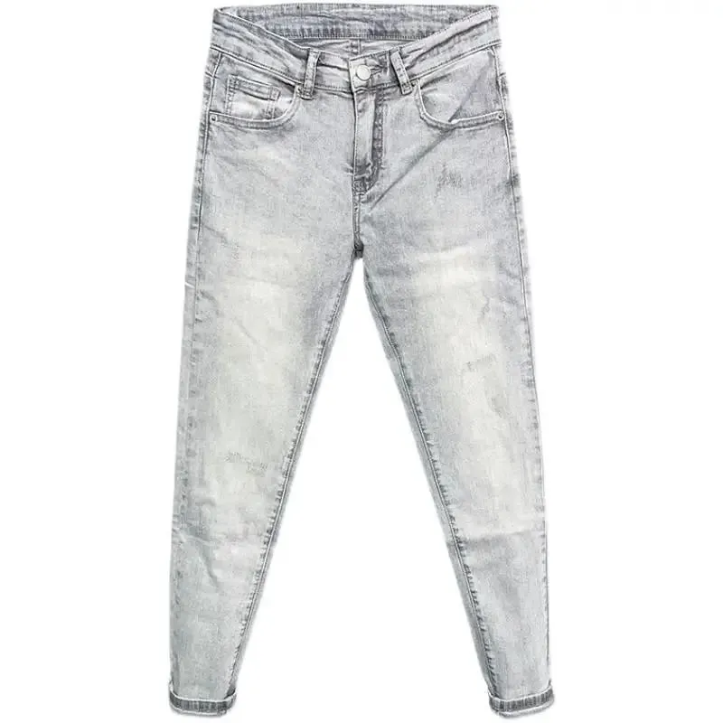 Summer Luxury Clothing Men's Pencil Pants Light Gray Jeans Slim Fit Korean Style Elastic Small Feet Long Pants Trendy Slim Jeans — image 5