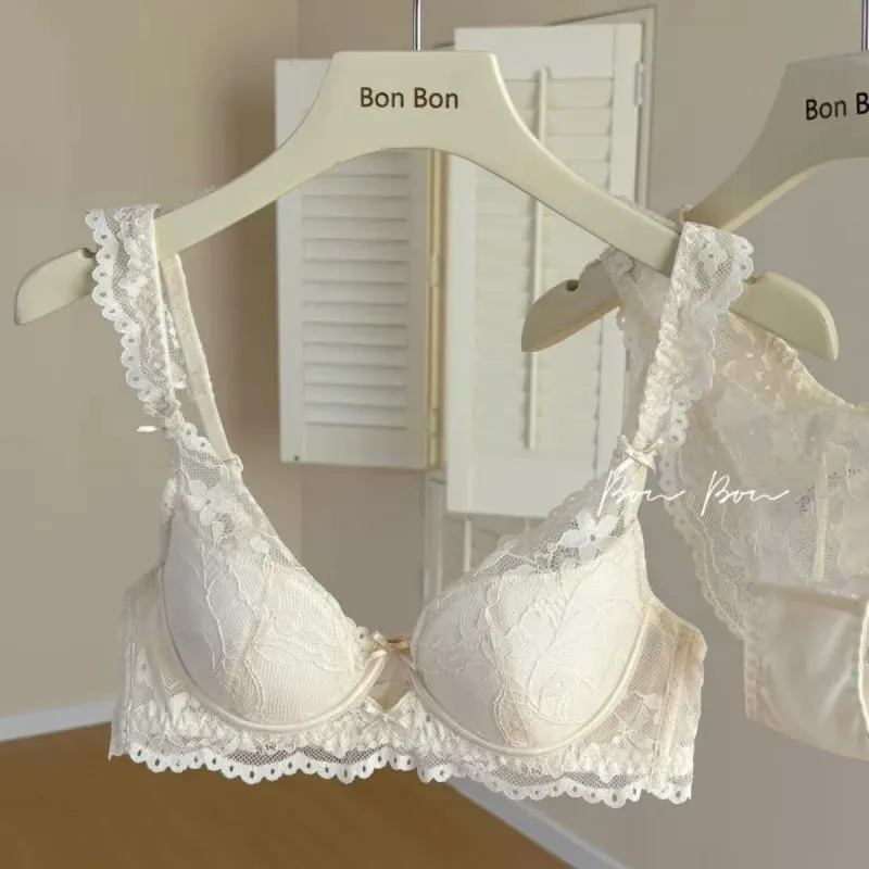 White Lace Bra & Panty Set Padded Bralette for Small Chest Summer Slimming Underwear Low Back Lingerie for Women Sexy Set