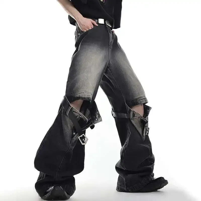 Vintage Men Spliced Micro Flared Jeans American Style High Street Wide Leg Straight Denim Pants Summer New Clothing 9A8932