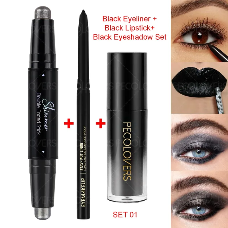 3PCS Black Face Suit Lipstick+eye Shadow+eyeliner Waterproof and Durable Suitable for Halloween Makeup