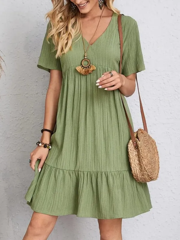 Elegant Solid V Neck A Line Dress 2024 New Summer Ruffles Loose Mini Dress Casual Short Sleeve Beach Party Vestidos Streetwear