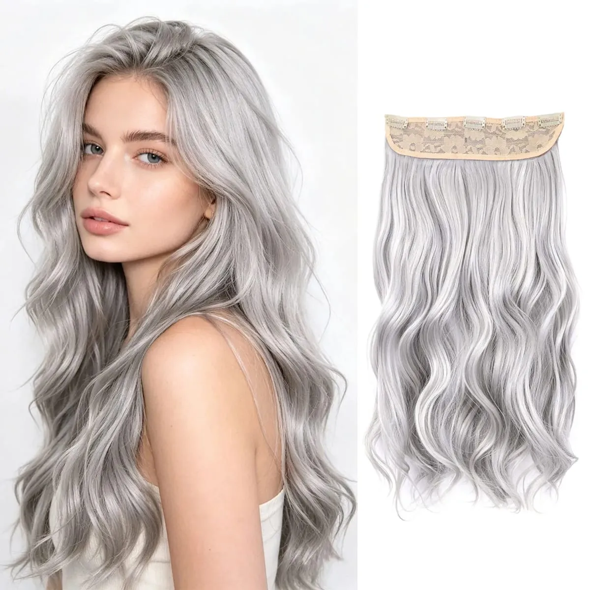 Syntetisk clip in hair extensions 5 clips i ét stykke højtemperatur fiber bølgede hårstykker til kvinder daglig festferie — image 15