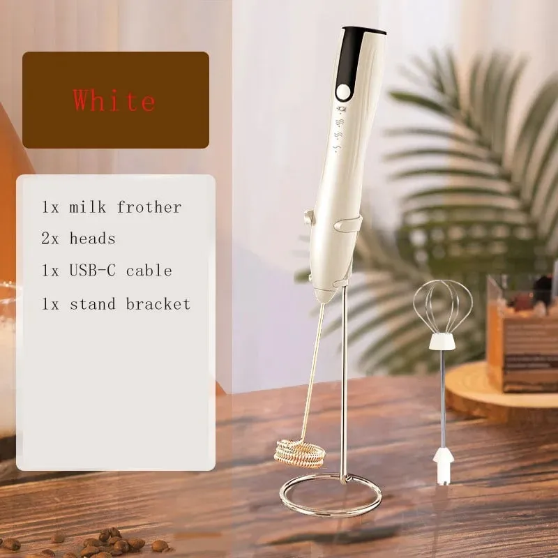 Milk Frother Handheld for Coffee Electric Whisk 3 Speed Adjustable Drink Mixer with Stand Bracket Rechargeable Egg Beater