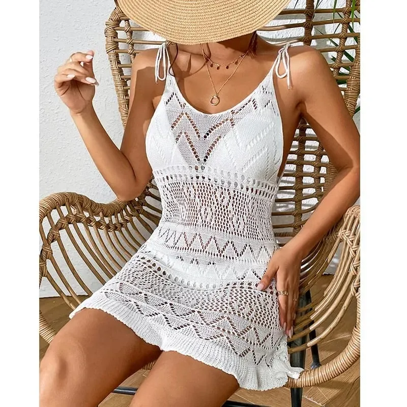 Dress Clothes Women Summer Solid Color Sleeveless Knitted Cover Up Backless Stylish Beach Dresses