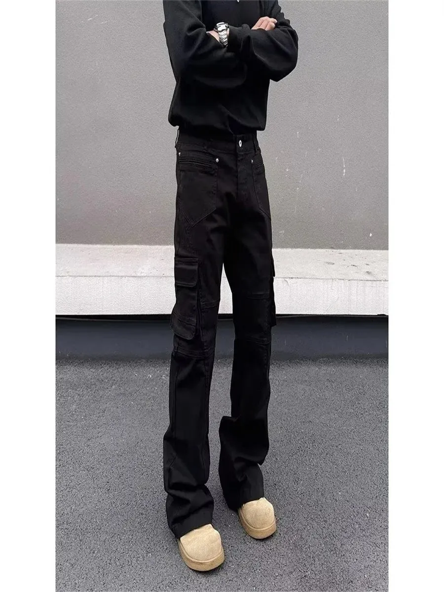 American style Vibe retro heavy industry multi pocket splicing workwear jeans men's straight tube micro flared slim fit long pan — image 7