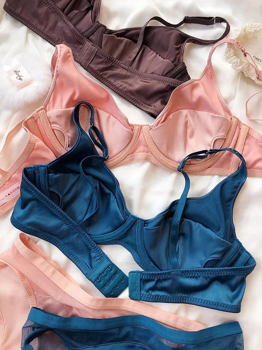 Ensemble de soutien-gorge Push Up en soie glacée pour femmes, sous-vêtement confortable, Sexy, petite poitrine, rembourrage détachable, bonnet fin, brassière, culotte intime — image 2