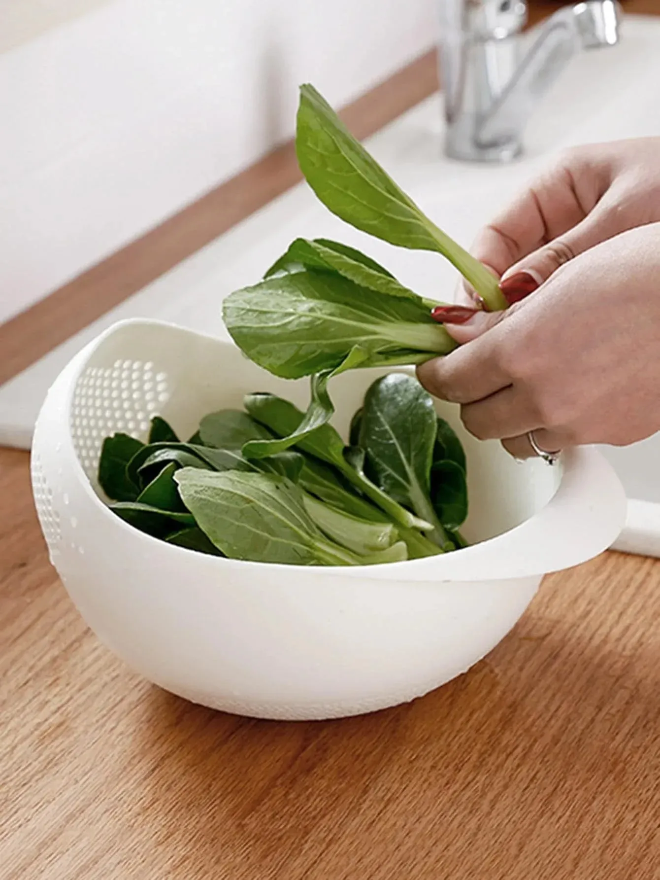 1PC-Silicone Colander Rice Bowl Drain Basket Fruit Bowl Washing Drain Basket with Handle Washing Basket Home Kitchen Organizer — image 5