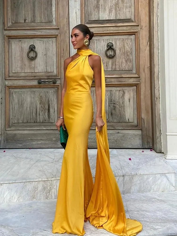 Ribbon Hanging Neck Long Dresses Slanted Shoulder Lace Up Backless Silky Satin Temperament Slim Fit Halter Woman Fishtail Dress — image 5