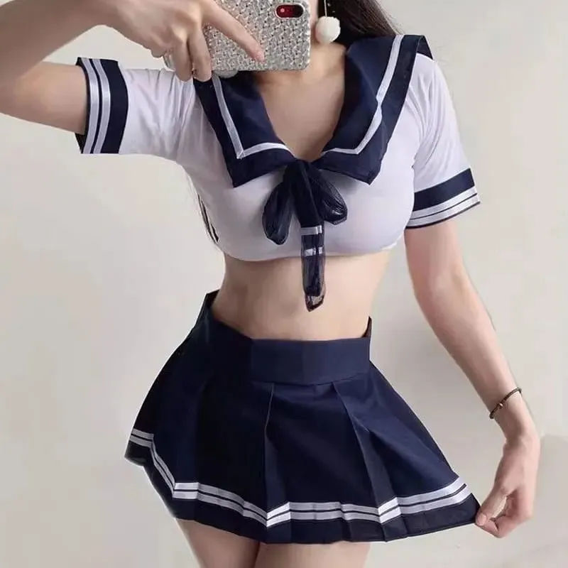 Women Uniform Set Bow Bra Crop Top Porn Open Ass JK Pleated Skirt Lolita Role Play Costume Sexy Lingerie 3 Piece Set With Thong