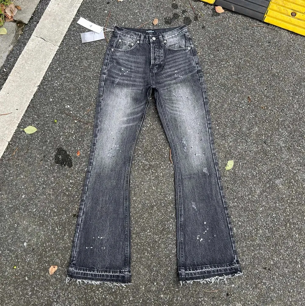 重水洗復古藍色墨水潑墨微喇叭牛仔褲男女直筒寬鬆牛仔褲長褲靴型