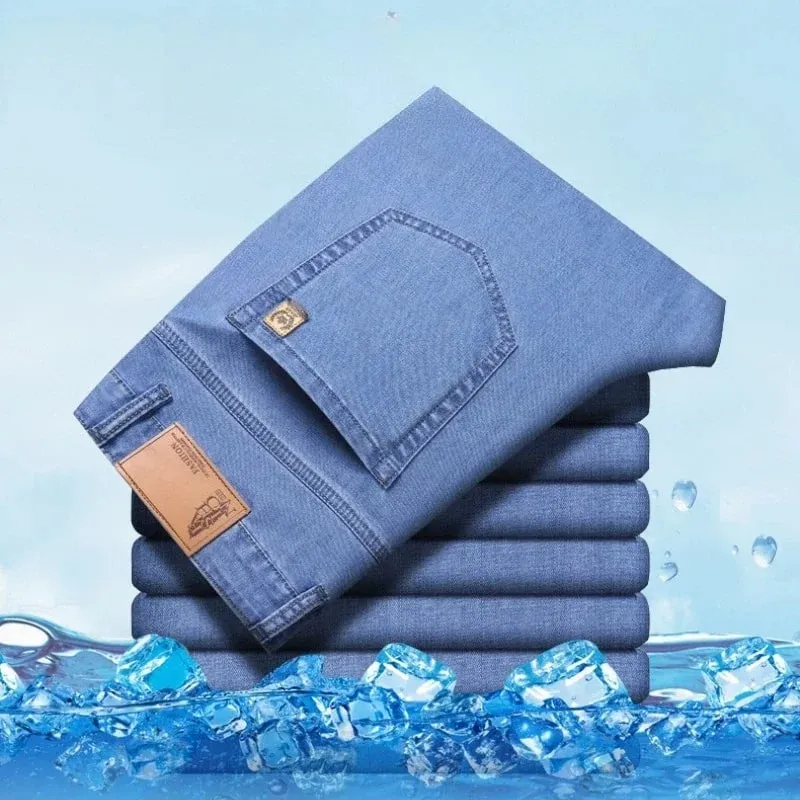 Men's Ice Silk Jeans Summer New Lyocell Thin Business Casual Denim Pants Classic All Match Slim Fit Straight Elastic Jean Male