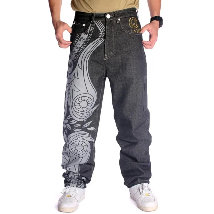 Jean Print Distressed Men Embroidery Jeans Straight Denim Pants Full Length Washed Mid Waist Zipper Fly Pockets Hiphop Loose — image 3