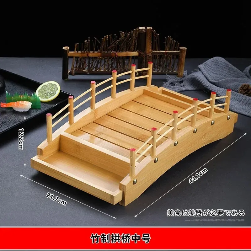 Japanese sushi boat bamboo boat Wooden boat bamboo arch bridge tableware Sashimi platter Dry ice platter sushi plate — image 13