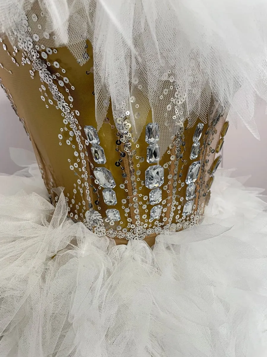 2025Women Sexy Backless Strap Mesh Fluffy Skirt 2 Pieces Diamond Sequins Stage Performance Costume Birthday Party Shooting Dress — image 6