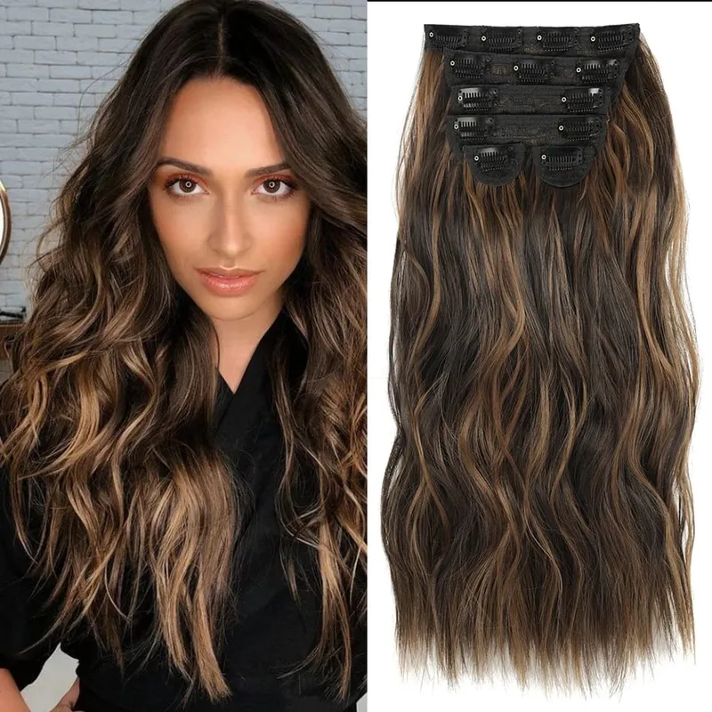 Extensions Long Synthetic Clip In Hair Wavy Clip In Hair Extensions 6Pcs/Set Piece Synthetic Ombre Blonde Brown Thick Hairpieces — image 12
