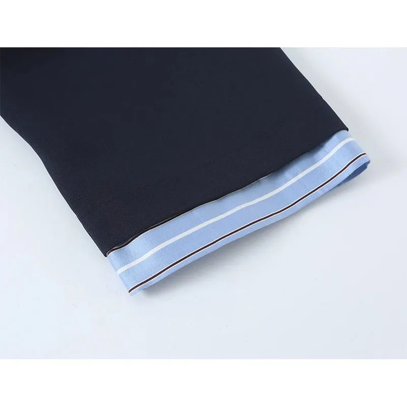 Ladies Contrast Stripe Spliced Casual Short Dress Bow Tie Neck Half Sleeve Ruffled Hem Loose Fit Commuter Dresses — image 6