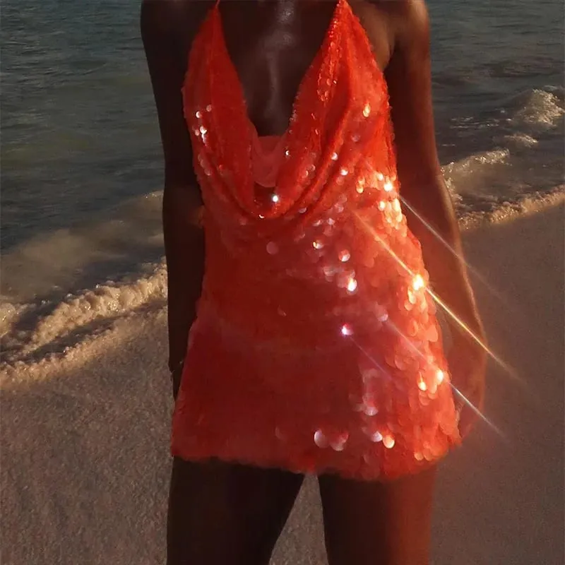 Sequins Glitter Halter Mini Dress Women Backless Sleeveless Evening Party Holiday High Waist Sexy Dresses 2025 New Fashion Night
